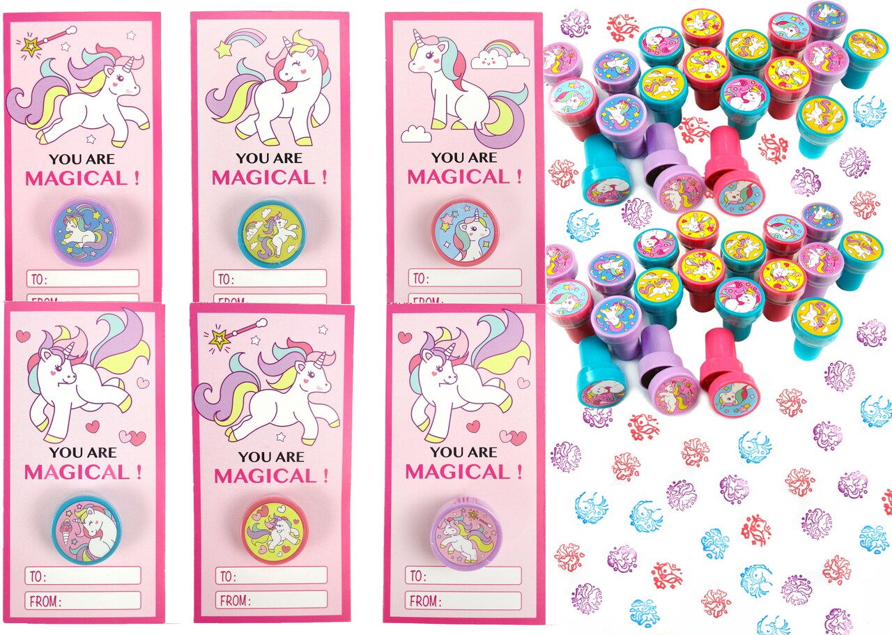 Tiny Mills 36 PACK Unicorn Cards with Unicorn Stampers for Valentine's Day Classroom Exchange